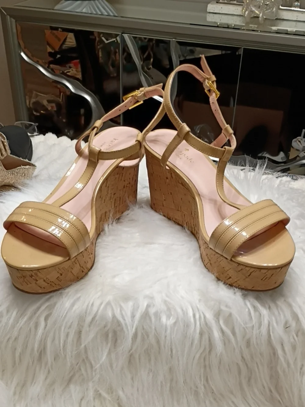 kate spade Tallin Nude Patent Leather Cork Wedge Sandals SZ 8